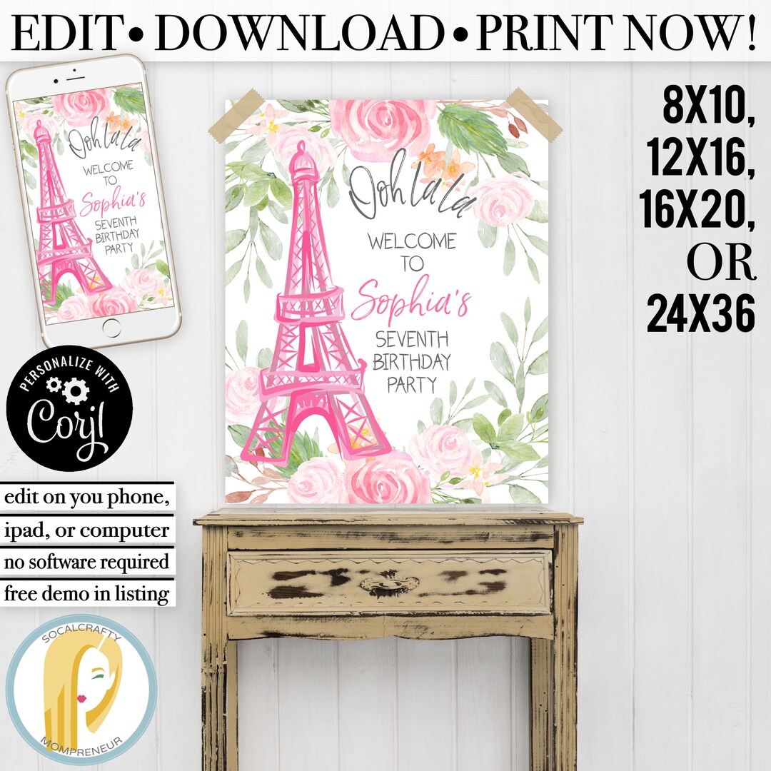 Editable Eiffel Tower Birthday Party Poster / Paris Welcome Sign ...