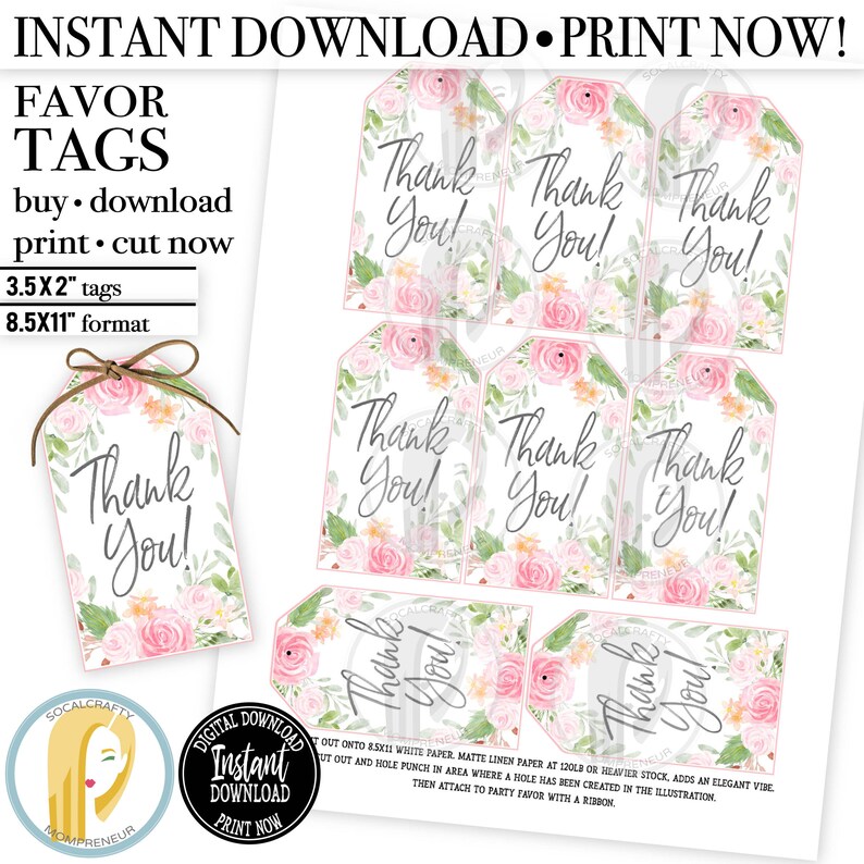 Printable Floral Party Favor Tags / Watercolor Gift Tags / | Etsy