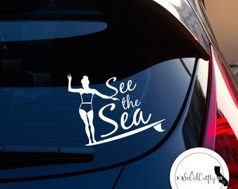 Surfer Girl Vinyl Decal, Surfing Decal, See The Sea, Beach, Laptop Decal, Tablet Decals, Car Window Decal