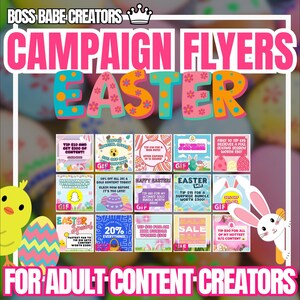 Puede incluir: Una colección de 16 gráficos coloridos de redes sociales con temática de Pascua para creadores de contenido para adultos. Los gráficos presentan varias imágenes y textos relacionados con la Pascua, como huevos, conejos y la frase "Feliz Pascua".