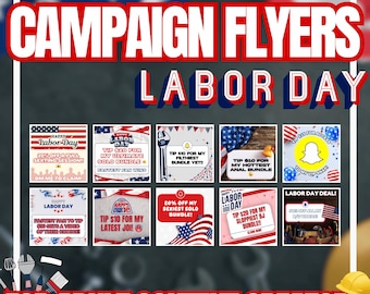 Puede incluir: Un gráfico promocional para folletos de campaña del Día del Trabajo, con un collage de imágenes con texto como "20% de descuento" y "Propina $10". El diseño utiliza colores rojo, blanco y azul con el texto "Boss Babe Creators" y "For Adult Content Creators".
