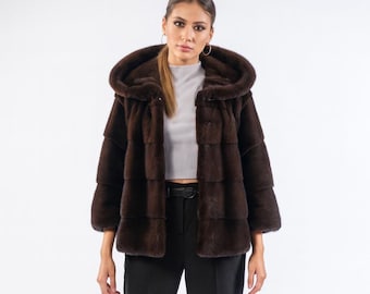 ゴージャスな本物のブラックミンク毛皮ロングコート（フード付き