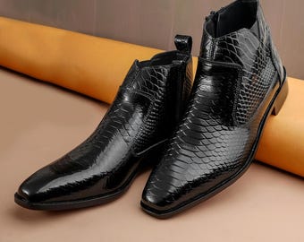 Black Snake Embossed Leather Boots Men, Square Toe Ankle Boots Handmade