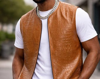 Men's Brown Crocodile Embossed Leather waistcoat Real cowhide vintage western style Handmade vest