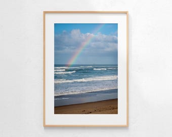 Cannon Beach Shoreline Photo, Rainbow over the Ocean, Wall Art, Digital Download, Instant Download