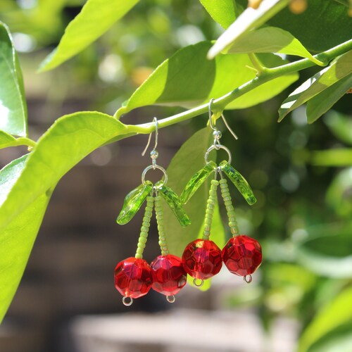 Red Cherry Beaded Earrings Dangle Fruit Jewelry Handmade Gift Etsy
