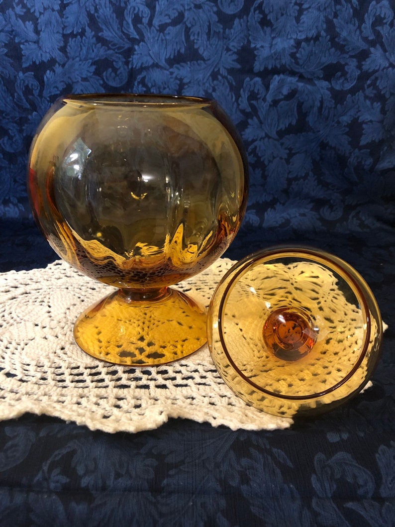 Vintage Amber Glass Compote With Lid