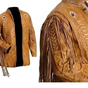 Men Western Cowboy Fringe Jacket Beaded Native American Real Leather Jacket SB-MJ-021 image 2