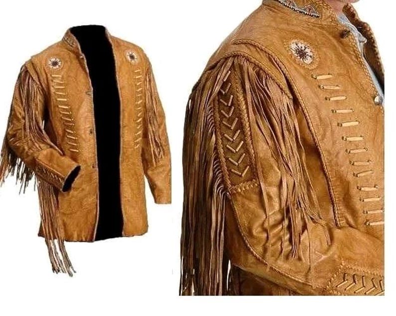 Men Western Cowboy Fringe Jacket Beaded Native American Real Leather Jacket SB-MJ-021 image 2