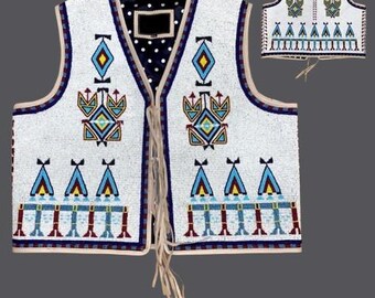 May include: White beaded vest with intricate geometric patterns in blue, yellow, and red. The vest features a cream-colored trim and a black and white polka dot lining. Leather ties secure the front.