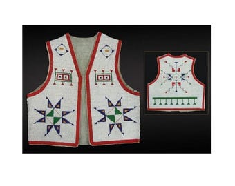 May include: White beaded vest with red trim and geometric designs. The vest features star-like patterns in green, blue, and red, along with rectangular and diamond shapes. A smaller version of the vest is also displayed.