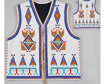 May include: A white vest featuring intricate beadwork in geometric patterns of blue, orange, yellow, and red. The front includes tan leather ties for closure, while the interior lining is black with white polka dots. The back view is also shown.