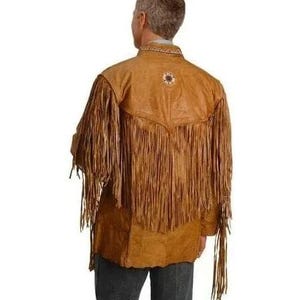 May include: A brown leather jacket with fringe detailing. The jacket has a beaded design on the back.