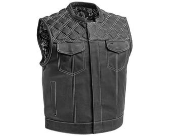 Men's Club Motorbike Black Leather Lined Diamond Stitch Motorcycle Vest SB-V022