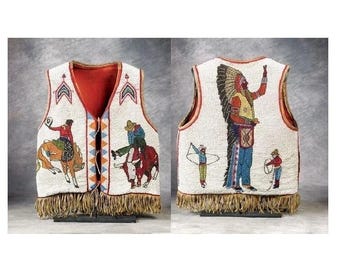 May include: A white beaded vest with Native American-themed designs. The front features figures on horseback, while the back depicts a Native American chief. The vest has a red interior, a fringed bottom, and a zigzag closure.