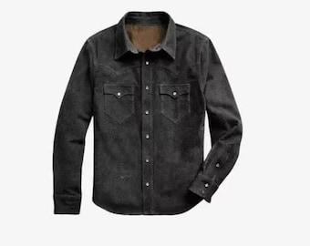 Men Suede Leather Trucker Premium Western Wear Shirt - Suede Leather Shirt SB-MJ-002