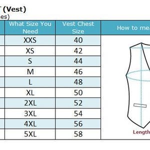 Puede incluir: Tabla de tallas de chaleco para hombre con medidas de contorno de pecho en cent&iacute;metros, de 91-97 cm a 137-142 cm. Incluye un diagrama que ilustra c&oacute;mo medir para un chaleco.