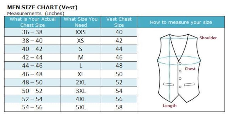 Puede incluir: Tabla de tallas de chaleco para hombre con medidas de contorno de pecho en cent&iacute;metros, de 91-97 cm a 137-142 cm. Incluye un diagrama que ilustra c&oacute;mo medir para un chaleco.