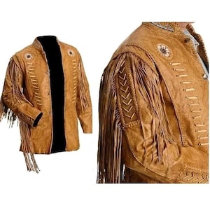 May include: A brown leather jacket with fringe detailing and beaded accents. The jacket has a stand-up collar and a button closure.
