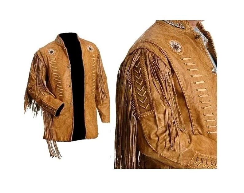 May include: A brown leather jacket with fringe detailing and beaded accents. The jacket has a stand-up collar and a button closure.