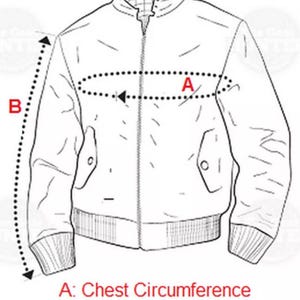 May include: Diagram showing how to measure chest circumference and sleeve length of a jacket. The chest measurement is taken around the widest part of the chest, while the sleeve length is measured from the shoulder seam to the cuff.