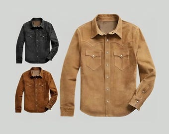 Men Suede Leather Trucker Premium Western Wear Shirt - Suede Leather Shirt SB-MJ-004