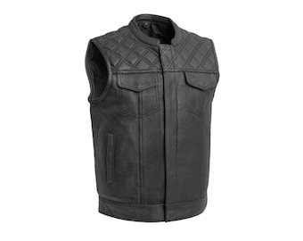 May include: Black leather motorcycle vest with a quilted diamond pattern and a snap closure. The vest has two pockets on the front and a zippered pocket on the left side.