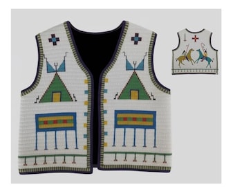 May include: A white vest with a geometric pattern in blue, green, yellow, and red. The vest has a black interior and a dark blue trim. A smaller image of the vest shows figures on horseback.