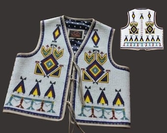 May include: A light-colored vest with intricate geometric beadwork in yellow, blue, and green. The vest features a V-neck, a dotted interior lining, and leather ties. A smaller version of the vest is shown in the upper right corner.