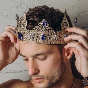 Sapphire and White  Crystal Crown, Royal Crown, Gold Men Crown, King Crown, Gold Accessories, Wedding Crown