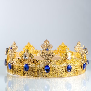 Sapphire and White  Crystal Crown, Royal Crown, Gold Men Crown, King Crown, Gold Accessories, Wedding Crown