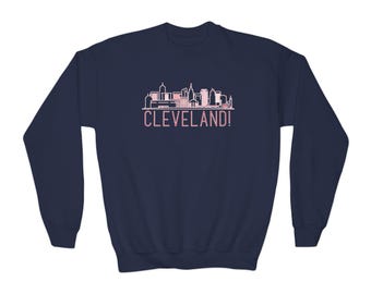 Cleveland! Skyline Youth Crewneck Sweatshirt | Navy, Red and White