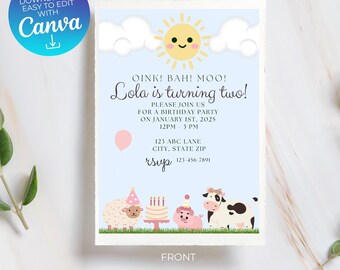 Plantilla de invitación editable para el segundo cumpleaños de niña en una granja rosa - Editar en Canva