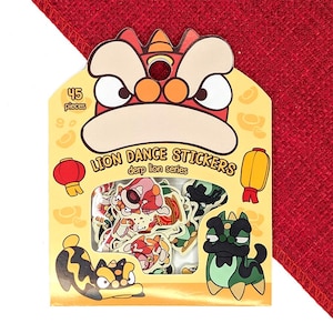 Juego de pegatinas de la Danza del León Chino - Arte del Año Nuevo Lunar - Papel adhesivo ecológico, acabado brillante, paquete de 45