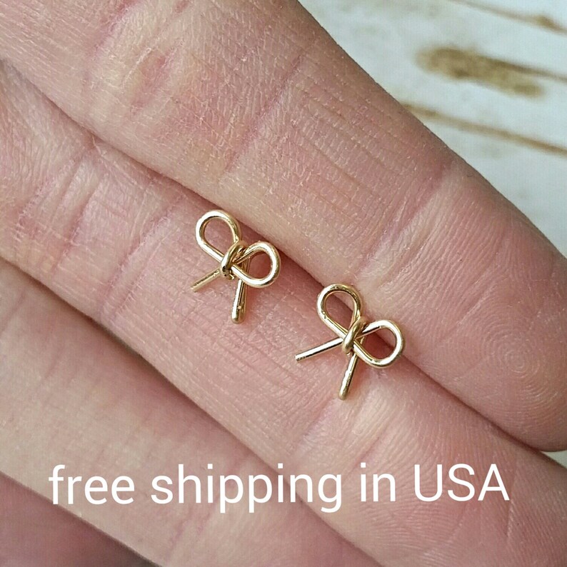 Gold Bow Earrings FREE SHIPPING 14K Gold Filled Ribbon Tiny Etsy
