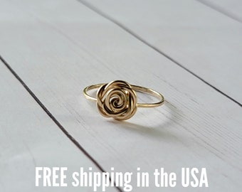 gold rose ring FREE SHIPPING 14k filled thin rosette flower