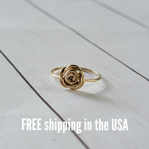 gold rose ring FREE SHIPPING 14k filled thin rosette flower