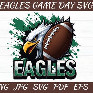 May include: A digital graphic featuring an eagle with a football, green paint splatter, and the word "EAGLES." The image is a vector design, suitable for various digital applications. The design is in a bold, cartoon style, perfect for sports-themed projects.