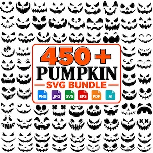 Peut inclure: Une collection numérique de plus de 450 silhouettes de visages de citrouilles noires disposées en grille. L'étiquette rectangulaire centrale affiche le texte orange et noir 450+ PUMPKIN SVG BUNDLE, avec des icônes pour les formats PNG, JPG, SVG, EPS, PDF et AI.
