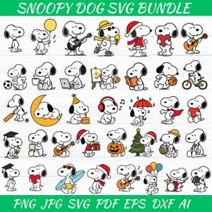 Puede incluir: Colección de ilustraciones de Snoopy en varias poses, tocando la guitarra, sosteniendo un globo y usando un gorro de Papá Noel. El texto "SNOOPY DOG SVG BUNDLE" está en la parte superior, con opciones de tipo de archivo en la parte inferior.