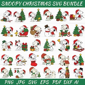 Puede incluir: Una colección de gráficos SVG con temática navideña de Snoopy. Snoopy se representa en varias escenas festivas, con un gorro de Papá Noel, decorando un árbol de Navidad e intercambiando regalos. Las imágenes son en blanco, negro y rojo, con el texto "SNOOPY CHRISTMAS SVG BUNDLE".