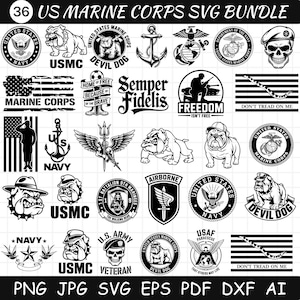 Może przedstawiać: Zestaw 36 wzorów SVG US Marine Corps w kolorze czarno-białym. Zawiera emblematy, ilustracje buldogów, patriotyczne frazy takie jak „Semper Fidelis” i „Don't Tread on Me” oraz insygnia wojskowe. Formaty: PNG, JPG, SVG, EPS, PDF, DXF, AI.