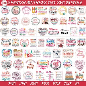 Op de afbeelding: Een digitale SVG-bundel met 60 Spaanse Moederdagontwerpen. De ontwerpen bevatten zinnen als "Mama, mi persona favorita" en "Te amo Mama" in verschillende lettertypen en stijlen, met bloemen- en hartaccenten.