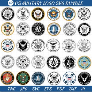 May include: A collection of 42 US Military logo SVG files. The logos are circular and feature emblems for the Army, Navy, Air Force, Coast Guard, Space Force, and Marine Corps. The logos are in various colors and designs.