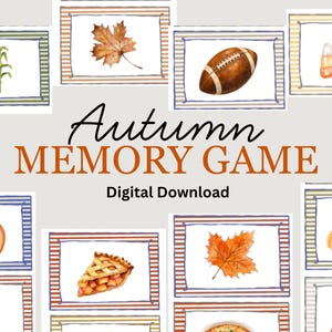 May include: An Autumn Memory Game digital download featuring cards with watercolor illustrations of corn stalks, maple leaves, a football, candy corn, pumpkins, a basket of apples, a slice of pie, and a plaid shirt, all framed by striped borders.