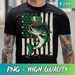 May include: A black t-shirt with a green, white, and blue American flag design. A cartoon fish wearing a green shamrock hat is holding a fishing hook with a shamrock on it. The text "5 FILES" is in the upper right corner of the image.