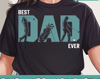 May include: Black t-shirt with a graphic design of a golfer and the text "BEST DAD EVER".