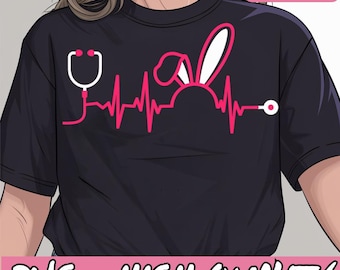 Easter Bunny with Heartbeat and Stethoscope for Nurses PNG, Cute Bunny Nurse with Heartbeat and Stethoscope Design, Nurse Easter Gifts PNG
