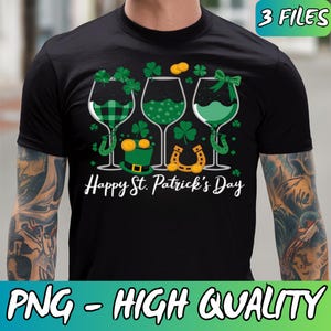 May include: Black t-shirt with a green shamrock design. Three glasses of green beer with gold coins and shamrocks. The text "Happy St. Patrick's Day" is printed on the shirt.