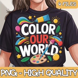 Può includere: Una maglietta nera con un design colorato che presenta un arcobaleno, pennelli, tubetti di vernice e il testo "Color Our World".